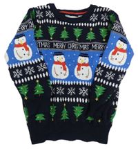 Tmavomodro-modrý svetr se stromky a sněhuláky Primark