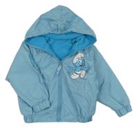 Světlemodrá šusťáková jarní bunda se Šmoulou a kapucí 