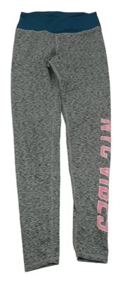 Šedé melírované sportovní legíny s nápisem a petrolejovým pasem H&M