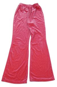 Růžové sametové flare kalhoty s nápisem