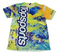 Zeleno-modro-oranžové vzorované sportovní tričko s nápisem