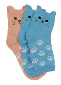 Nové - 2x ponožky s kočkou a tlapkami - modré + lososové vel. 31-36