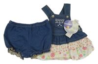 Nové - 2set - Modré teplákovo/riflové laclové šaty s květovanými volánky + kraťasy 