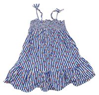 Modro-bílé pruhované plátěné žabičkové šaty s třešničkami Primark 