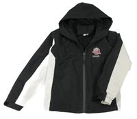 Černo-béžová šusťáková zateplená bunda s nápisem a kapucí 