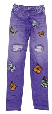 Fialové legíny riflového vzhledu s motýlky 