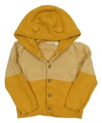 Hořčicovo-bílý pruhovaný propínací svetr s kapucí Lupilu