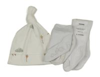 Nové - 3set - 1x Bílá čepice + 2x bílé ponožky 