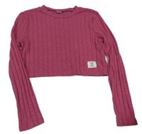 Růžovo-šedý melírovaný žebrovaný crop svetr 