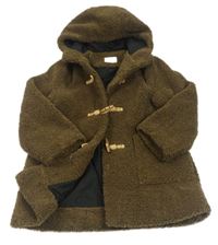 Tmavohnědý huňatý zateplený kabát s kapucí ZARA