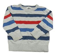 Světlešedo-modro-tmavomodro-červený pruhovaný melírovaný svetr H&M