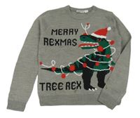 Šedý melírovaný pletený svetr s dinosaurem s vánočním motivem Pepperts