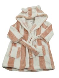 Starorůžovo-bílý pruhovaný plyšový župan s kapucí s oušky Tu