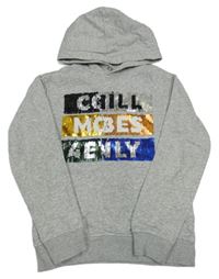 Šedá melírovaná mikina s překlápěcími flitry s nápisy a kapucí H&M