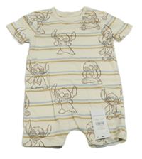 Nové - smetanovo-modro-hnědý pruhovaný kraťasový overal se Stitchem George