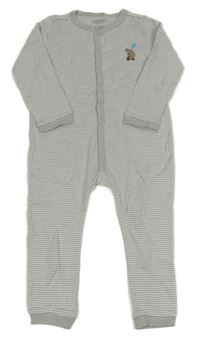 Šedo-bílý pruhovaný overal s medvídkem Tchibo