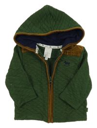 Tmavozeleno-hnědá prošívaná propínací vyteplená mikina s houpacím koníkem a kapucí JASPER CONRAN