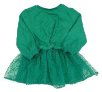 Zelené teplákovo/organzové šaty s květy a překřížením St. Bernard