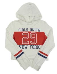 Bílo-červená crop mikina s číslem a nápisy a pruhy a kapucí H&M