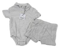 Nové - 2Set - Světlešedé cargo mušelínové kraťasy + světlešedo/bílé kostkované košilové body Tu