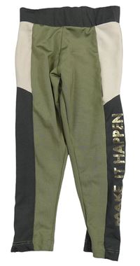 Khaki-béžovo-antracitové sportovní legíny s nápisem Tu