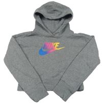 Šedá melírovaná crop mikina s logem a kapucí Nike