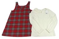 Nové - 2set - Červeno-barevné třpytivé kostkované šaty + smetanové triko s límečkem H&M