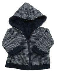 Tmavomodrý vzorovaný zateplený propínací svetr s kapucí Matalan