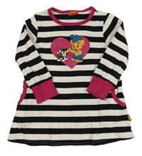 Černo-bílá pruhovaná šatová tunika s medvědem a kočkou Lindex