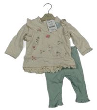 Nové - 2set - Béžová melírovaná mikina s výšivkami květin a madeirou + světlezelené žebrované legíny Next