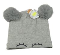 Nové - Šedá melírovaná čepice s řasami a bambulemi