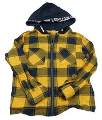 Hořčicovo-tmavomodrá kostkovaná košile s kapucí Dopodopo