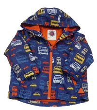 Tmavomodrá šusťáková jarní bunda s autobusy a kapucí Mothercare