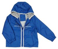 Modrá šusťáková jarní bunda s nápisem a kapucí