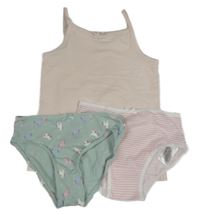 3set - Světlerůžová košilka + růžovo-bílé pruhované kalhotky + světlezelené s jednorožci