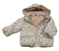 Smetanovo-starorůžová květovaná šusťáková zateplená bunda s kapucí H&M