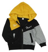 Černo-šedo-žlutá propínací mikina s nápisy a kapucí shein