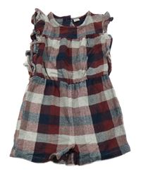 Tmavomdoro-šedo-červený kostkovaný kraťasový overal Tu