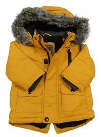 Hořčicová šusťáková zimní bunda s kapucí s kožešinou Primark