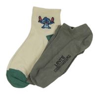 2x ponožky - smetanovo-zelené se Stitchem + šedé kotníkové 