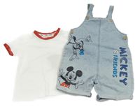 2 set - bílé tričko + světlemodré riflové laclové kraťasy s Mickeym Disney