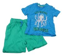 Nové - 2 set - modré tričko s chobotnicí + zelené teplákové kraťasy 