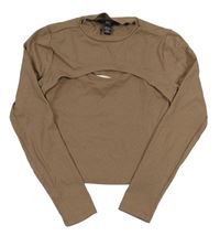 Hnědé žebrované crop triko s všitým žebrovaným crop topem New Look