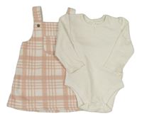2set - Bílé žebrované body + růžovo-bílé kostkované fleecové laclové šaty George