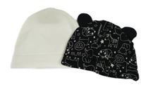 2set - 2x čepice - bílá žebrovaná + černá se zvířátky 