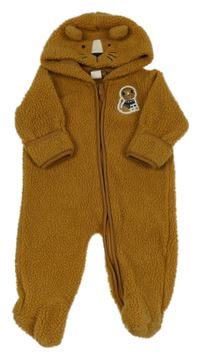 Medová huňatá kombinéza s lvíčkem a kapucí 