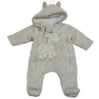 Béžovo-bílá sametová zateplená kombinéza s fleky a žirafou a kapucí zn.