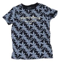 Tmavomodro-světlemodré tričko s palmami a nápisem Pepperts