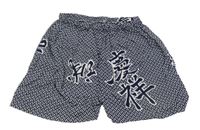 Tmavomodro-bílé vzorované kraťasy se znaky 