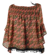 Nové - Dámská růžovo-hnědá vzorovaná šifonová halenka s lodičkovým výstřihem Naanaa 